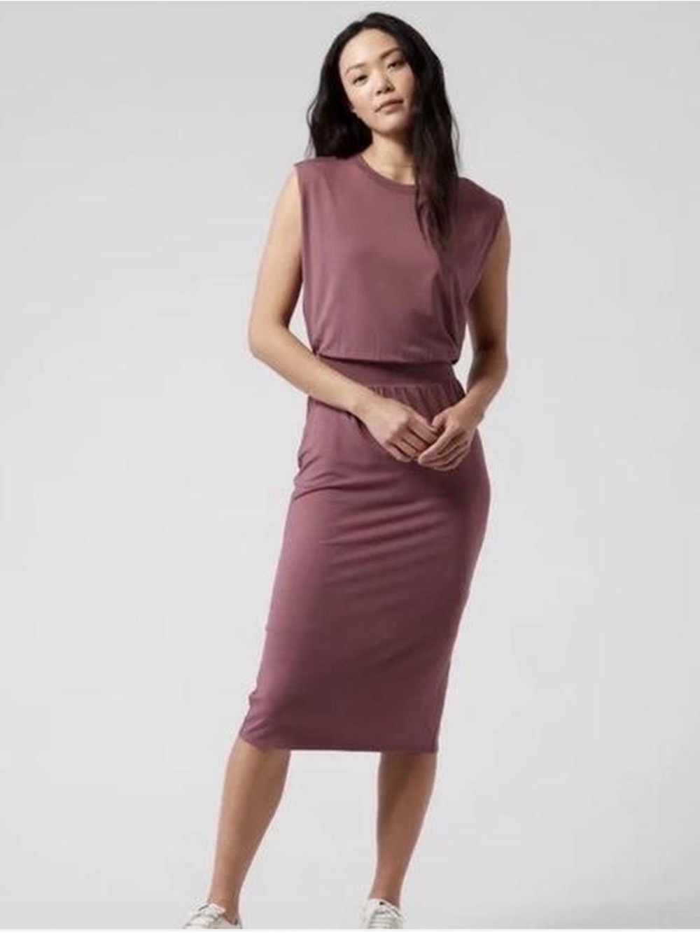 Athleta Santorini Cinch Sleeveless Midi Dress MediumTawny Rose Mauve work casual